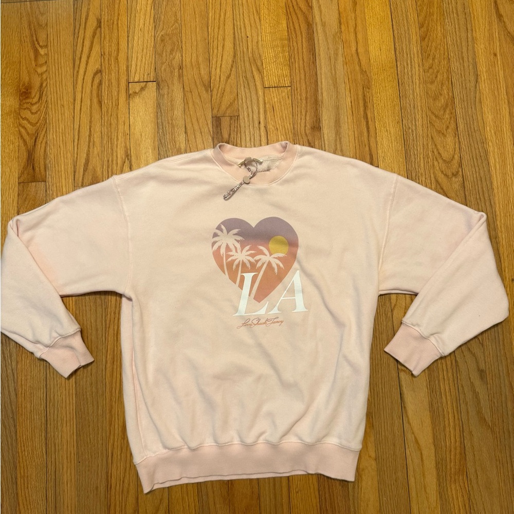 LoveShackFancy Pink LA Heart Graphic Crewneck Sweater